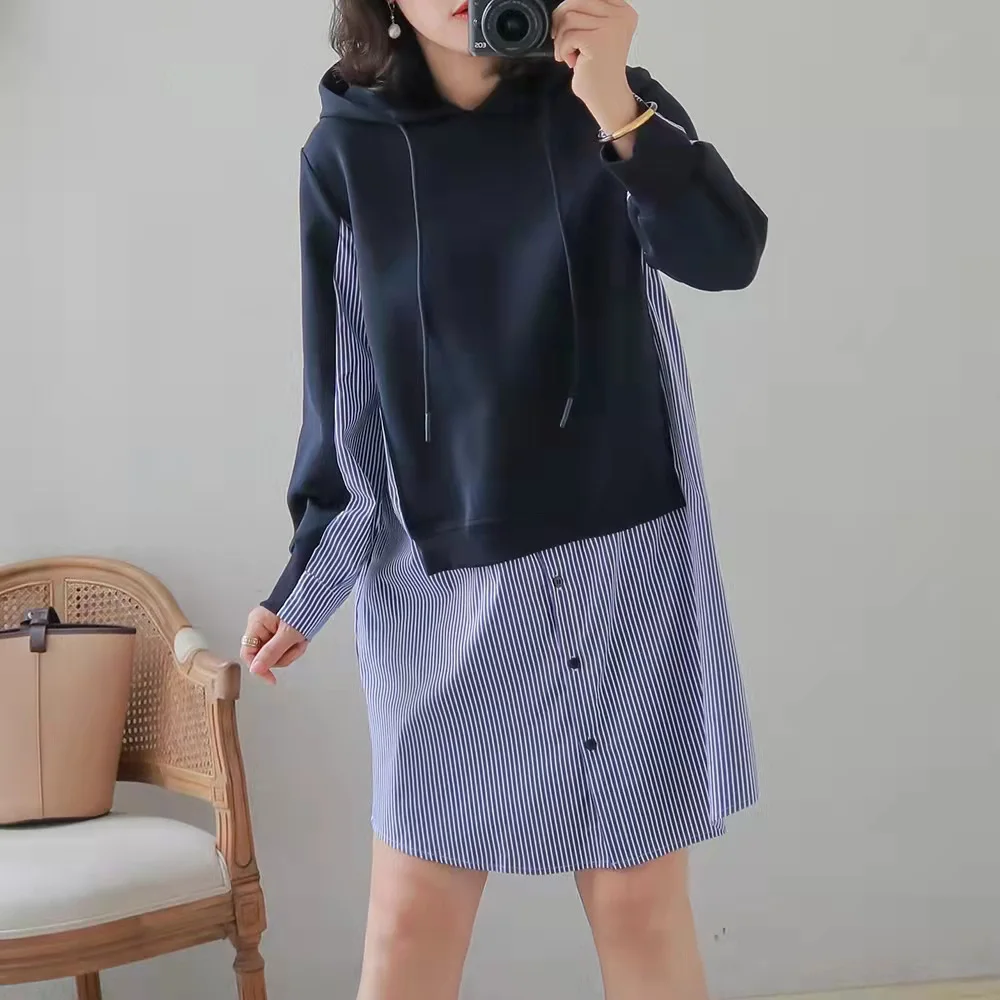 Autumn New Casual Womens Dress Fashion Splicing Stripe Fake Two Hooded Pullover Long Sleeve Loose 2021 New Women Dress
Autumn New Casual Womens Dress Fashion Splicing Stripe Fake Two Hooded Pullover Long Sleeve Loose 2021 New Women Dress