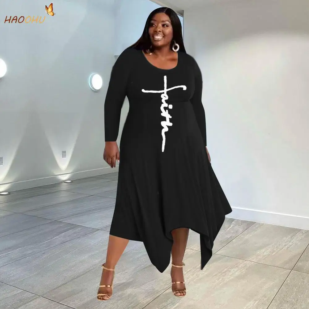 

HAOOHU Casual Fashion Dress Soild Color Women's Clothing Plus Size Dresses 2021 New Autumn Woman Irregular Large Dress Urban 5XL