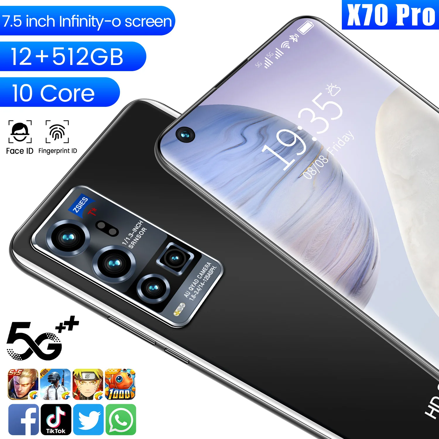 Global Version X70 pro cellphone Android 10.0 12GB+512GB Dual Sim human faceUnlocked Mobile Phone MTK6799 Deca Core 7.5 Inch F
Global Version X70 pro cellphone Android 10.0 12GB+512GB Dual Sim human faceUnlocked Mobile Phone MTK6799 Deca Core 7.5 Inch F
