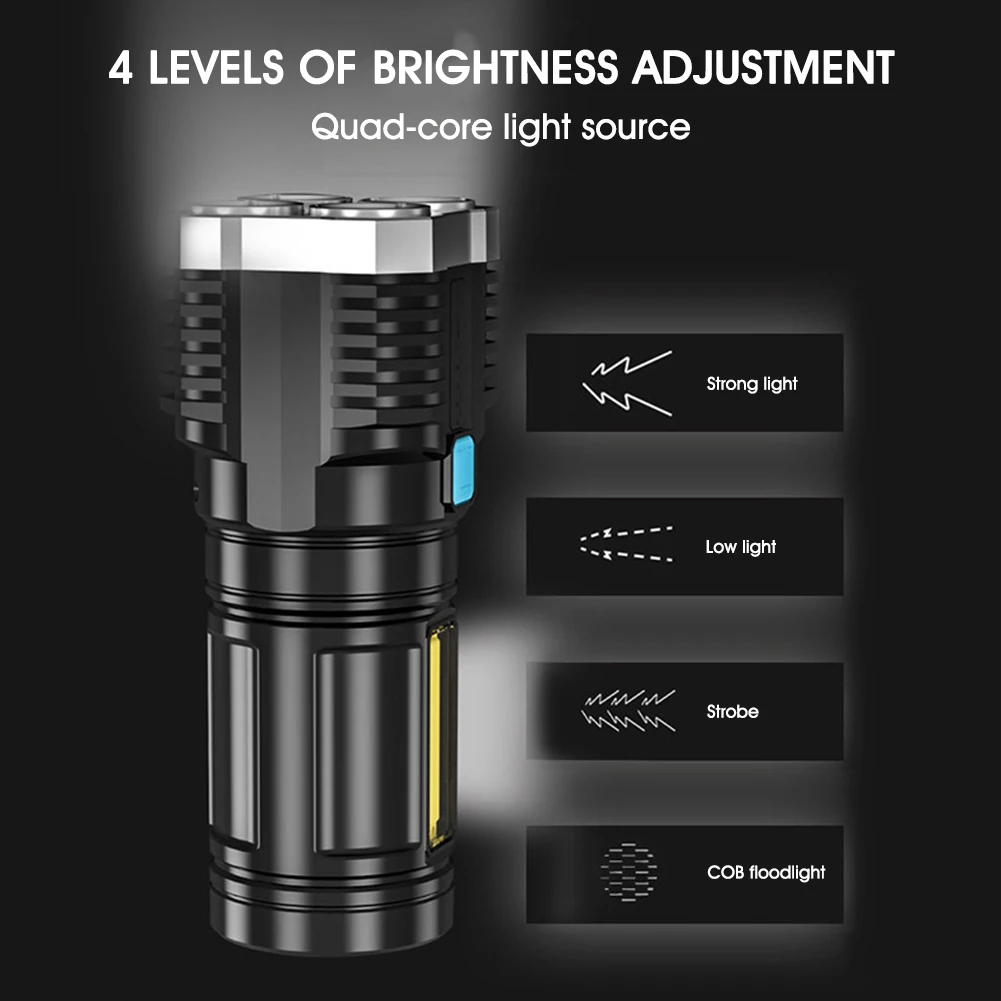 Portable flashlight 4LED high brightness 4 modes rechargeable waterproof handheld lamp, second-generation P1000 eight-core wick
Portable flashlight 4LED high brightness 4 modes rechargeable waterproof handheld lamp, second-generation P1000 eight-core wick