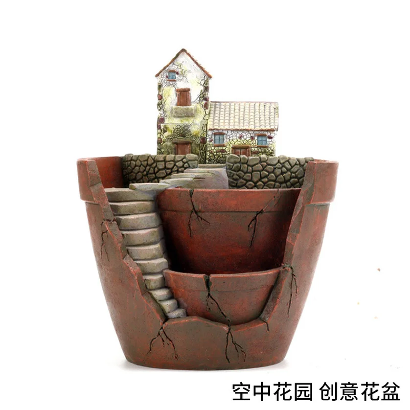 

Creative Castle House Shaped Resin Garden Pot New Novelty Bonsai Plant Flower Pot for Rural House Planter Office Desk Decoration