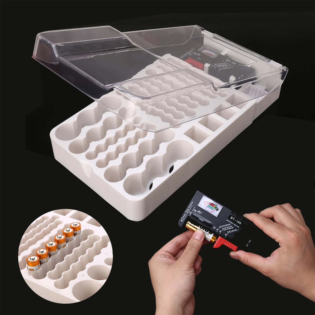 93 Grids Battery Storage Box with Transparent Cover Removable Tester Batteries Measuring Organizer Case For AAA AA C D Battery
93 Grids Battery Storage Box with Transparent Cover Removable Tester Batteries Measuring Organizer Case For AAA AA C D Battery