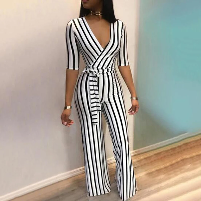

Deep V Neck Sashes Jumpsuit Women Clubwear Pants Summer Autumn Casual Sexy Striped Jumpsuit Romper Overalls For Women Trousers