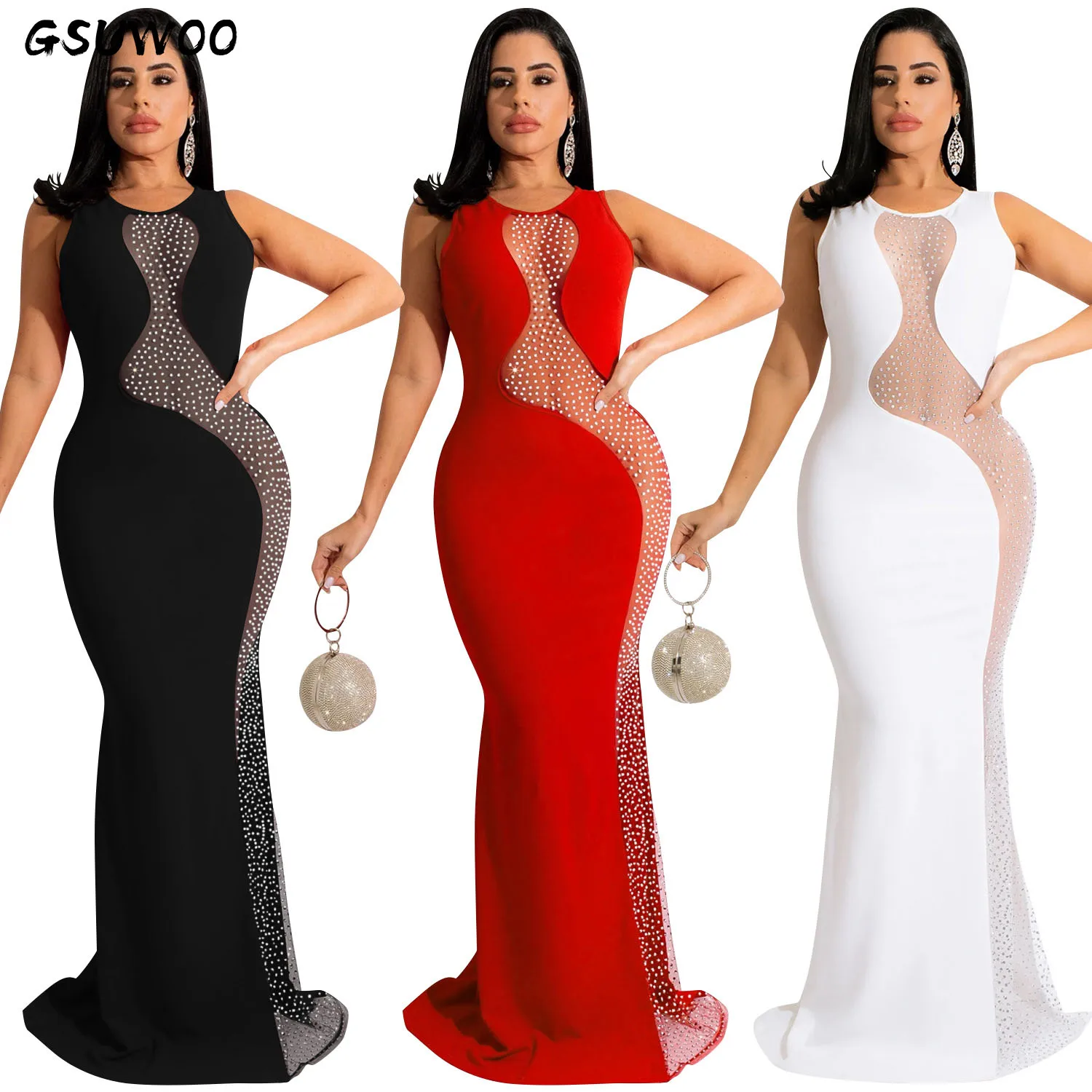 GSUWOO Lady Rhinestone Mesh See-through Patchwork Sleeveless Open Back Maxi Long Dresses Women Sexy Elegant Floor-length Dress
GSUWOO Lady Rhinestone Mesh See-through Patchwork Sleeveless Open Back Maxi Long Dresses Women Sexy Elegant Floor-length Dress