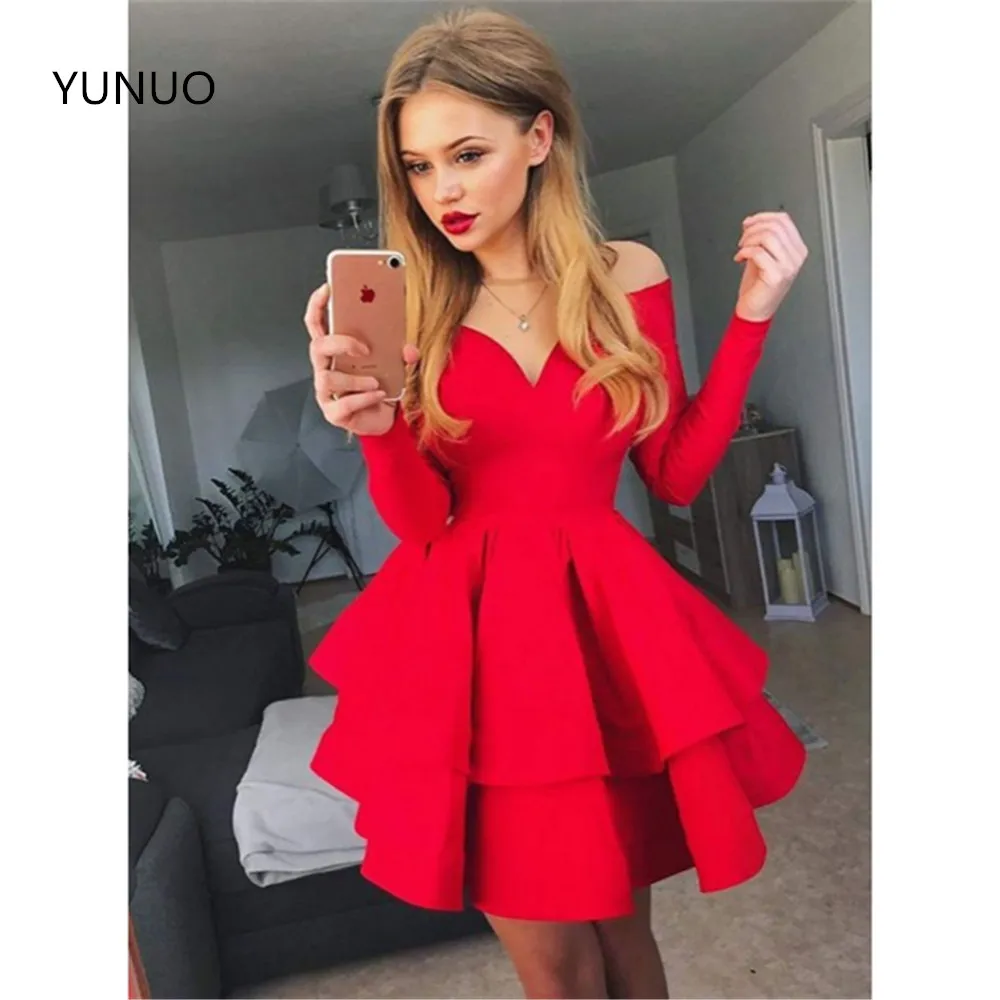 

YUNUO V-neck Tiered Red Satin Cocktail Formal Dresses Long Sleeves Off Shoulder A Line Short Prom Party Gowns vestidos de cóctel