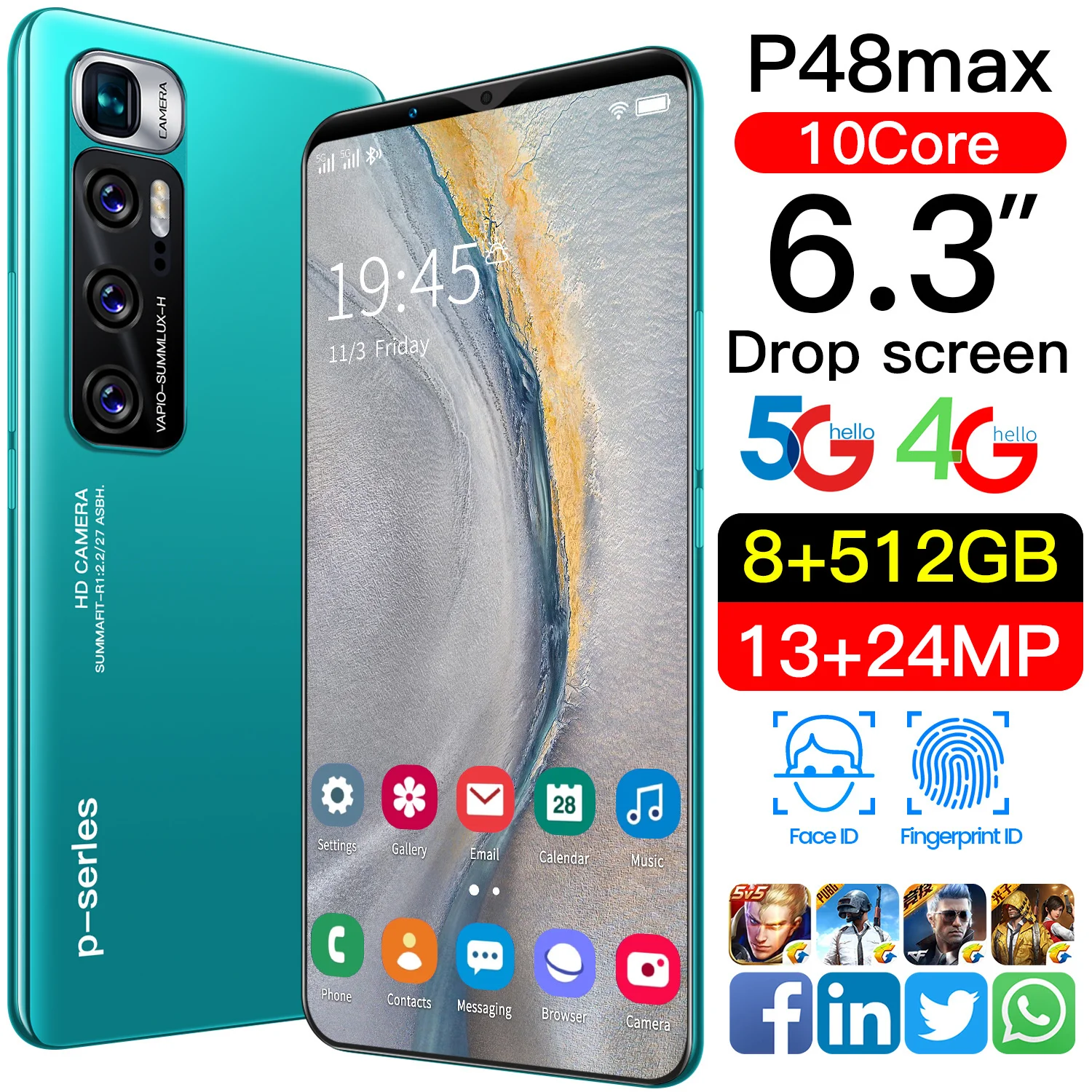 Global Version P48max 5G Smartphone 4G 8+512GB 10 Core 6.3'' Screen 4800mAh Massive Battery 13+24MP Camera Cellphone Android 10
Global Version P48max 5G Smartphone 4G 8+512GB 10 Core 6.3'' Screen 4800mAh Massive Battery 13+24MP Camera Cellphone Android 10