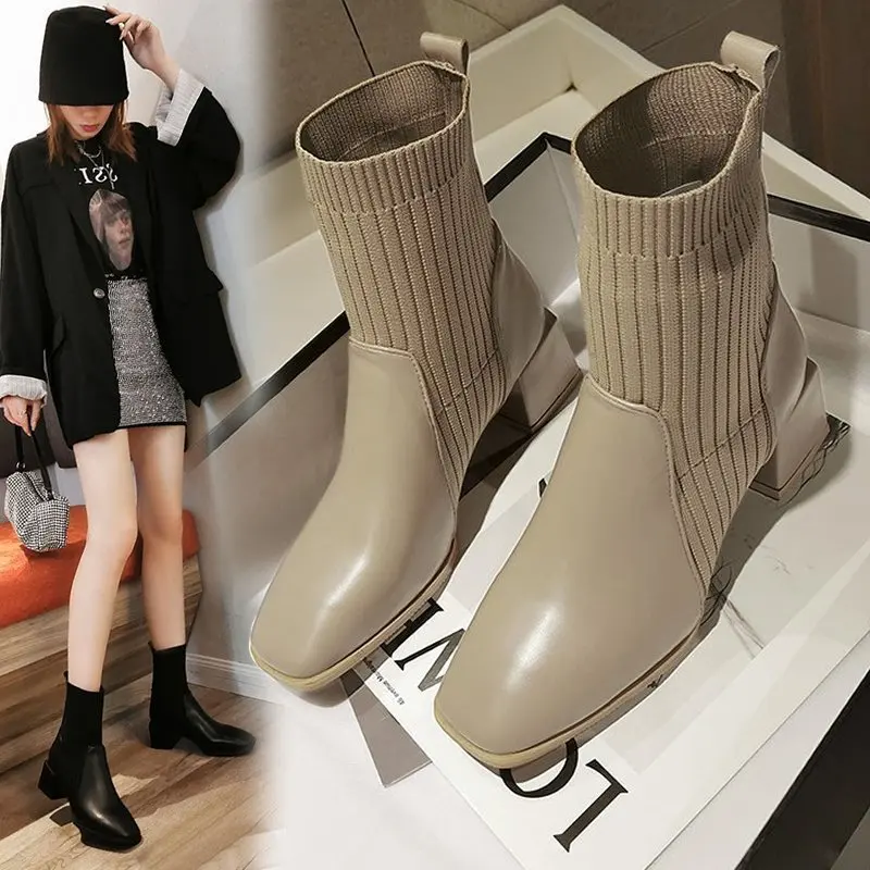 Женские ботинки на толстом каблуке, трикотажные эластичные ботинки абрикосового цвета с квадратным носком, Осень-зима 2021
Женские ботинки на толстом каблуке, трикотажные эластичные ботинки абрикосового цвета с квадратным носком, Осень-зима 2021