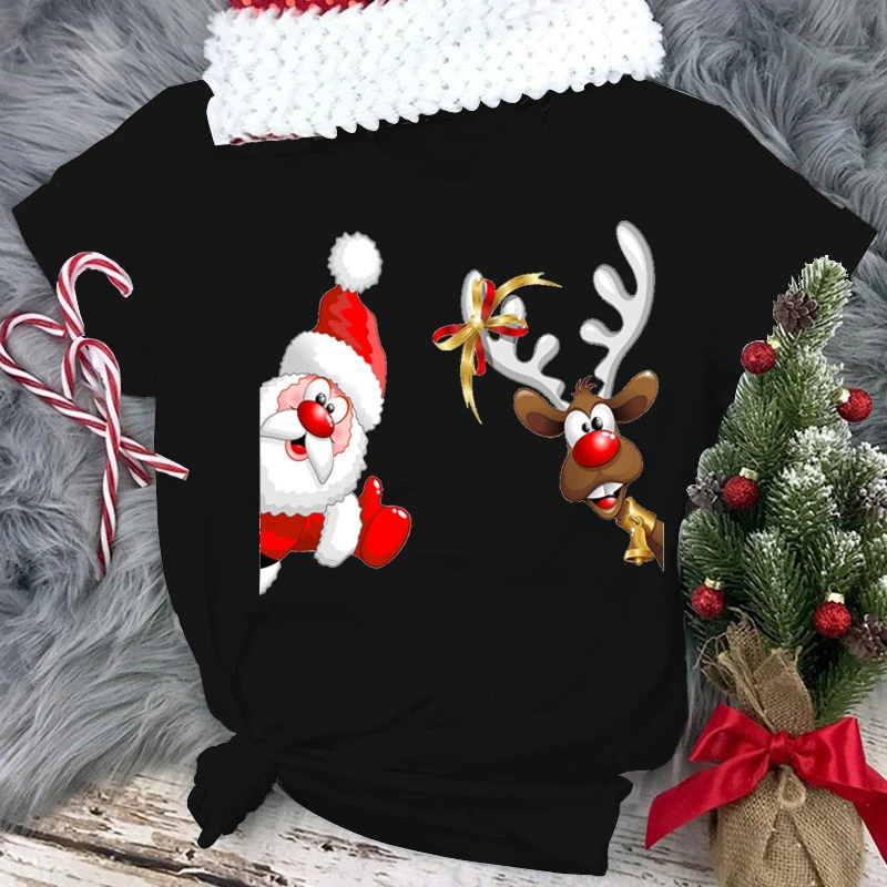 Новая женская футболка на Рождество, черная футболка на Рождество, женская футболка с милым рисунком из мультфильма, повседневные футболки ... 
Новая женская футболка на Рождество, черная футболка на Рождество, женская футболка с милым рисунком из мультфильма, повседневные футболки ...