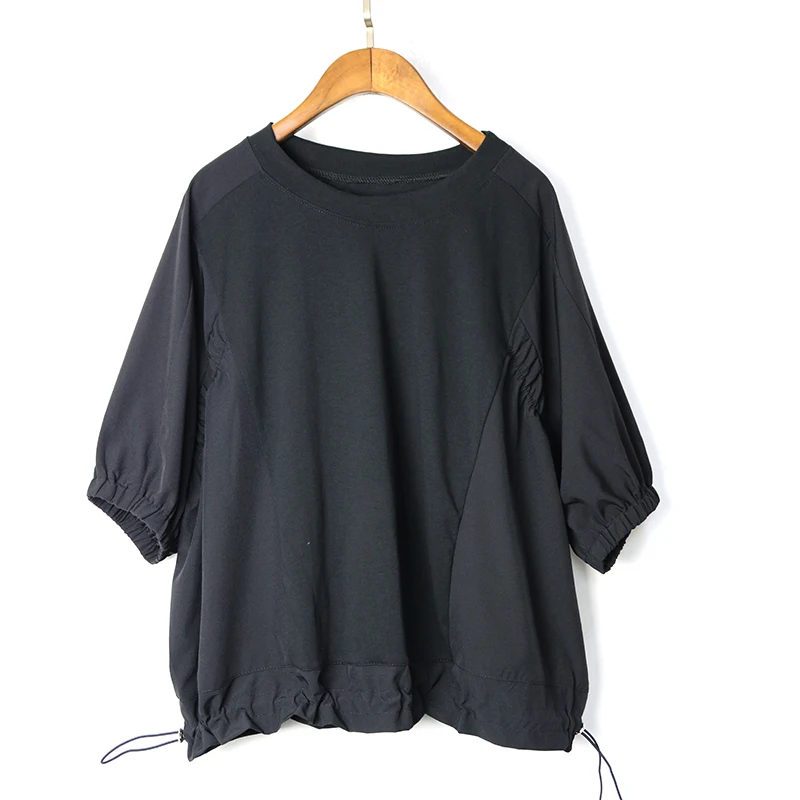 

210427 Women Black Patchwork Loose Casual T-shirt New Round Neck Short Sleeve Fashion Tide Summer