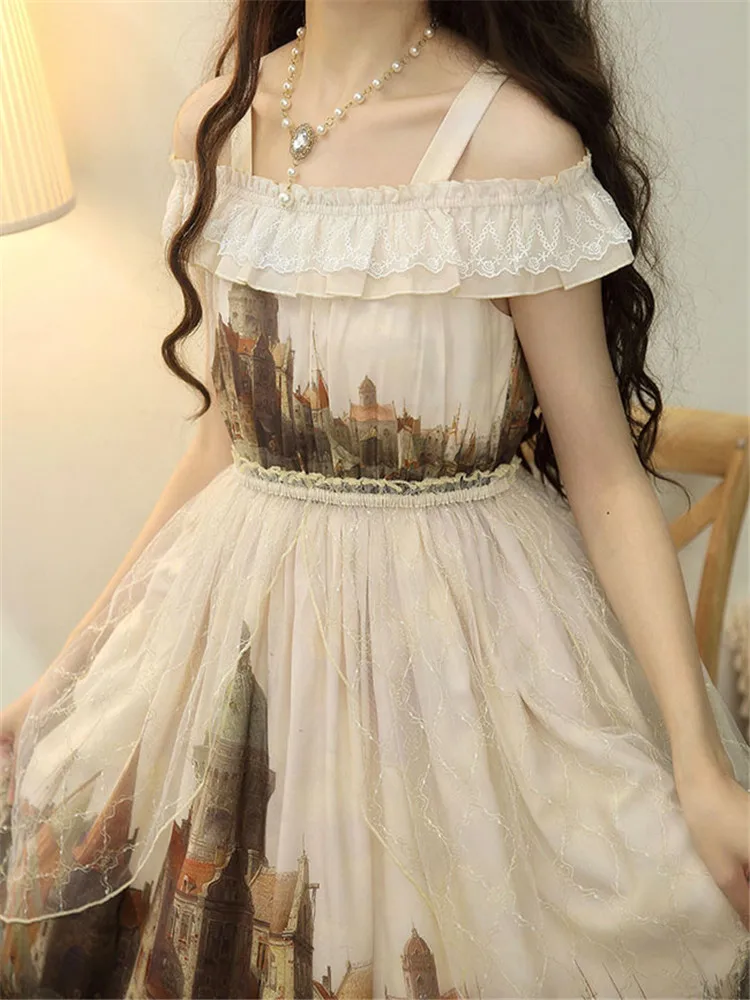 Платье Лолита JSK на бретельках с принтом сумерки и города, кружевное платье лолиты с оборками 
Платье Лолита JSK на бретельках с принтом сумерки и города, кружевное платье лолиты с оборками