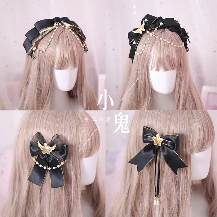 

Dark Black Gothic Lolita Lace Trim KC Headband Pearls Bow Handwork Hair Accessories Headwear Women's Headdress Retro Hair Band