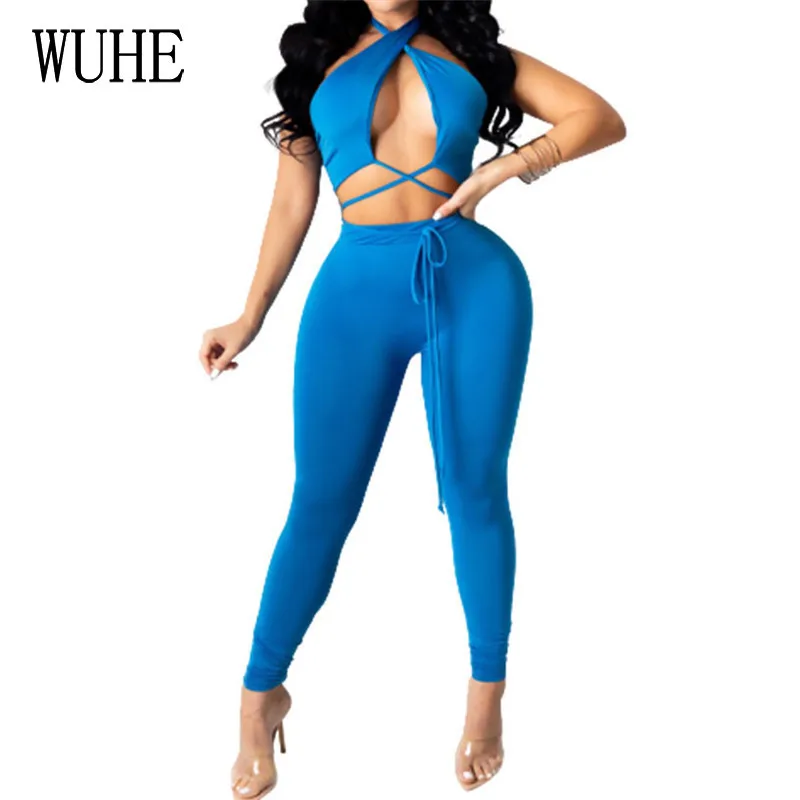 WUHE 2 Piece Set Solid Sleeveless Halter Hollow Out Crop Tops Drawstring Waist Skinny Elastic Full Length Pants Women Set
WUHE 2 Piece Set Solid Sleeveless Halter Hollow Out Crop Tops Drawstring Waist Skinny Elastic Full Length Pants Women Set