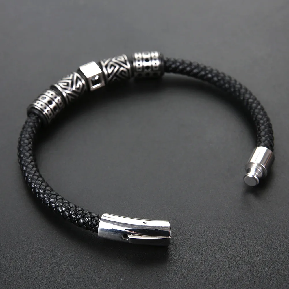 HMSFELY Men Fashion Leather Bracelet Titanium Stainless Steel Beads Charm Bracelets Bangles Jewelry For Clasp | Украшения и