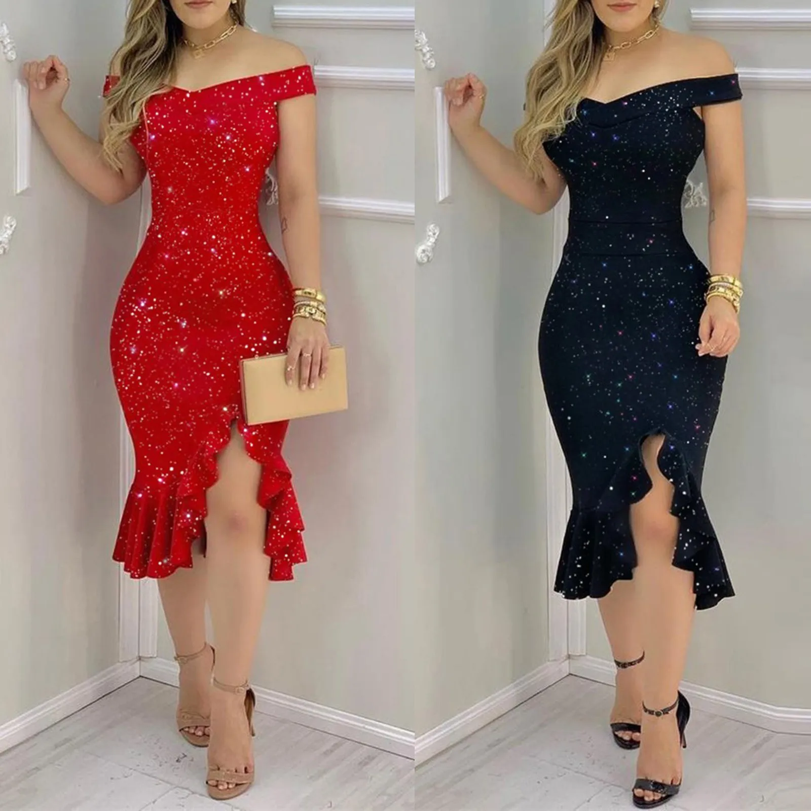 Ladies starry sky embellishment printed dress fashion starry sky dress plain cold shoulder ruffle loose hem slit dress Q6 
Ladies starry sky embellishment printed dress fashion starry sky dress plain cold shoulder ruffle loose hem slit dress Q6