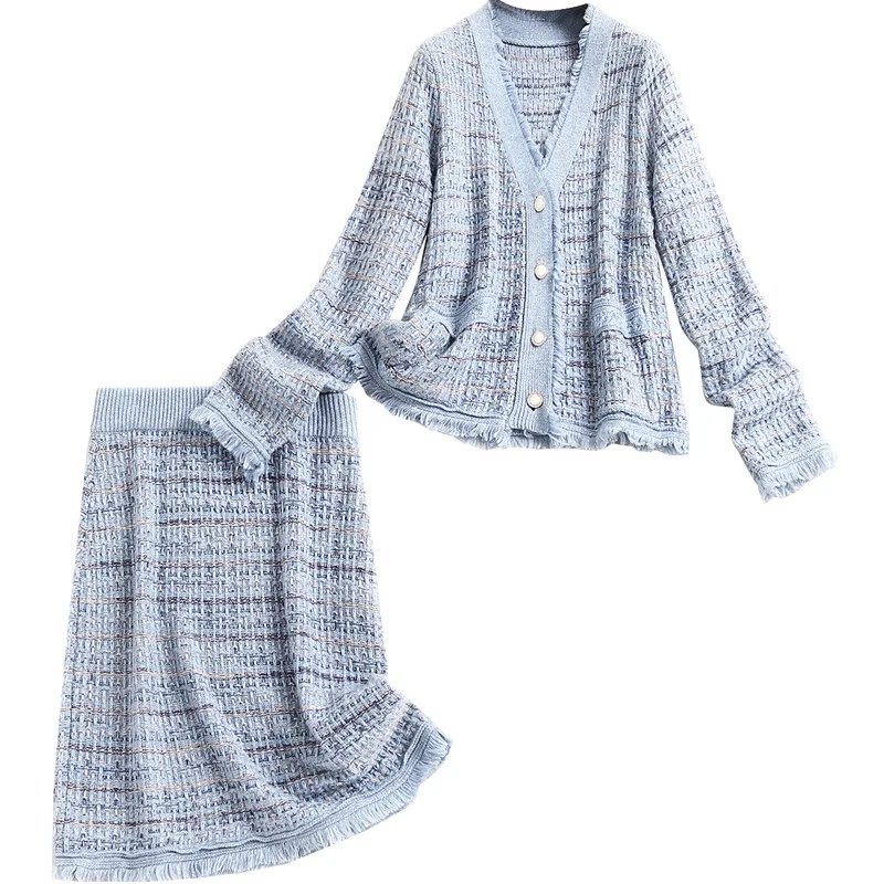 Knitted Plaid Blue Two Piece Set Women Cardigan+ Elastic Waist Skirt Knee-Length Two Piece Outfits for Women Skirt and Top Set
Knitted Plaid Blue Two Piece Set Women Cardigan+ Elastic Waist Skirt Knee-Length Two Piece Outfits for Women Skirt and Top Set
