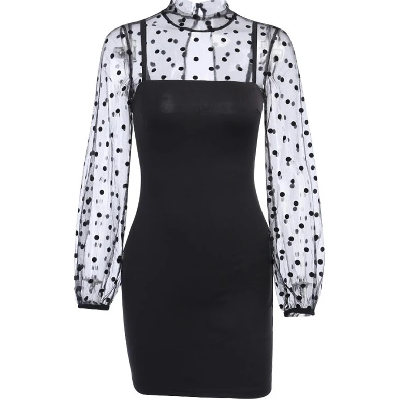 Polka Dot Stitching Long Sleeve Mini Dress Women's Sexy Black Perspective Mesh Sleeve Dress
Polka Dot Stitching Long Sleeve Mini Dress Women's Sexy Black Perspective Mesh Sleeve Dress