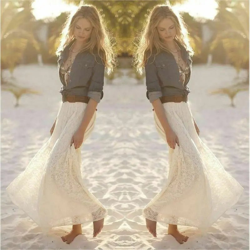 Long Elegant Skirt Female Elastic High Waist Non-transparent Boho Solid Summer Maxi Skirts Lace Casual White Beige | Женская одежда