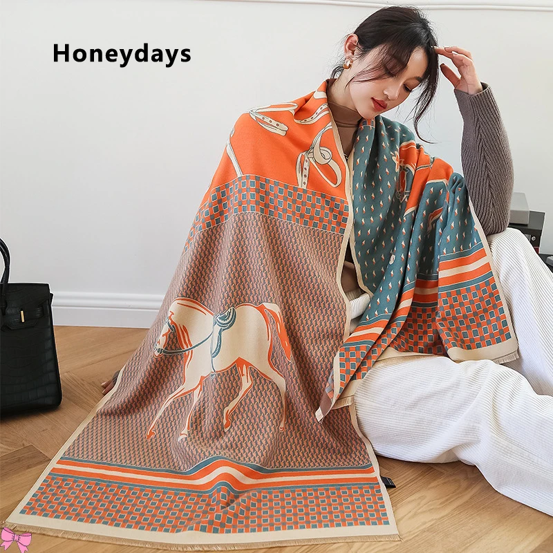 

Classic Carriage Design Ladies Cashmere Scarf Geometric Letter Print Pashmina Foulard Fashion Tassel Cloak Bufanda Shawls Wraps