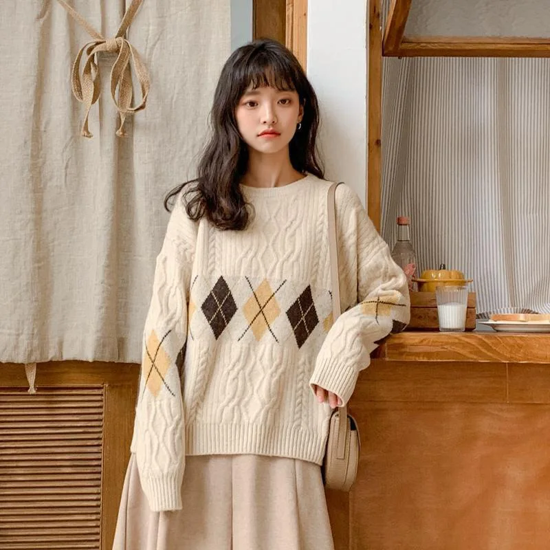 Autumn Vintage Geometry Woman Sweaters Streetwear Korean Fashions O-Neck Casual Pullover Sweaters Oversized Knitted Jumper Femme
Autumn Vintage Geometry Woman Sweaters Streetwear Korean Fashions O-Neck Casual Pullover Sweaters Oversized Knitted Jumper Femme