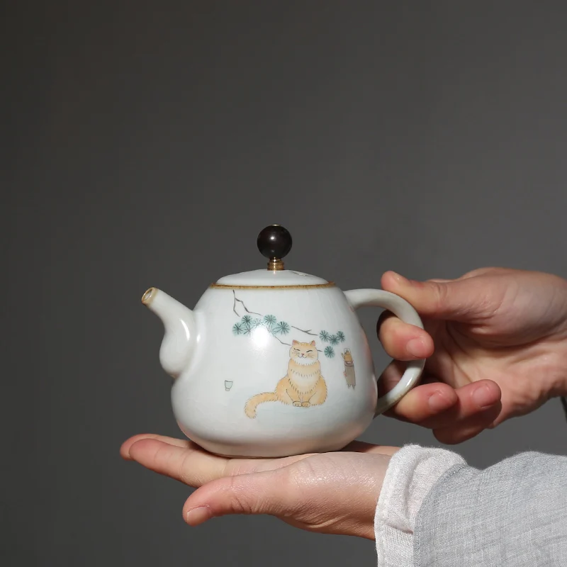 

250ml Ru Kiln Porcelain Teapot Hand Painted Cat Small Teapots Ceramic Kung Fu Tea Pot Chinese Tea Kettle Drinkware Teaware Decor
