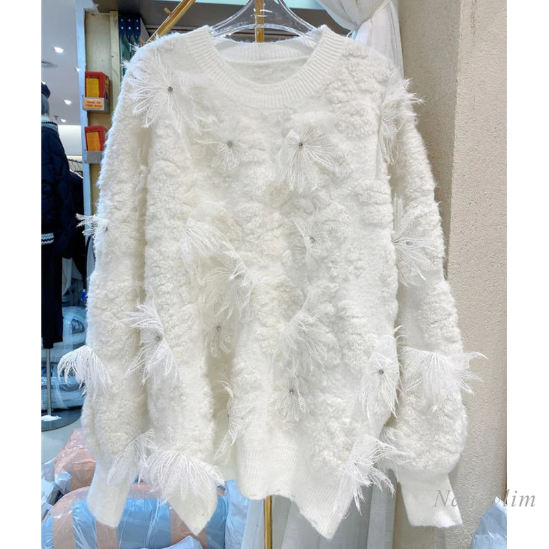 Loose Pullover Sweater Women 2021 Spring Winter New Warm Heavy Industry Rhinestone Three-Dimensional Floral Long Knitwear 
Loose Pullover Sweater Women 2021 Spring Winter New Warm Heavy Industry Rhinestone Three-Dimensional Floral Long Knitwear