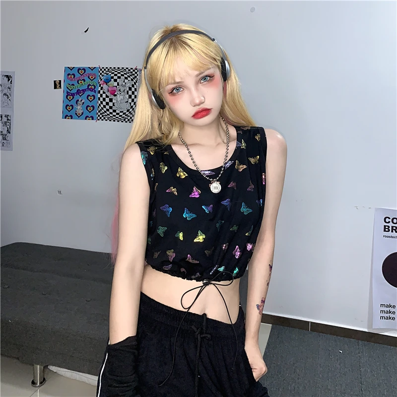 Korean Casual Style Sleeveless Crop Tops Summer New O-neck Loose Camis Ins Color Butterfly Tank Top Women Clothes Drawstring Hot
Korean Casual Style Sleeveless Crop Tops Summer New O-neck Loose Camis Ins Color Butterfly Tank Top Women Clothes Drawstring Hot