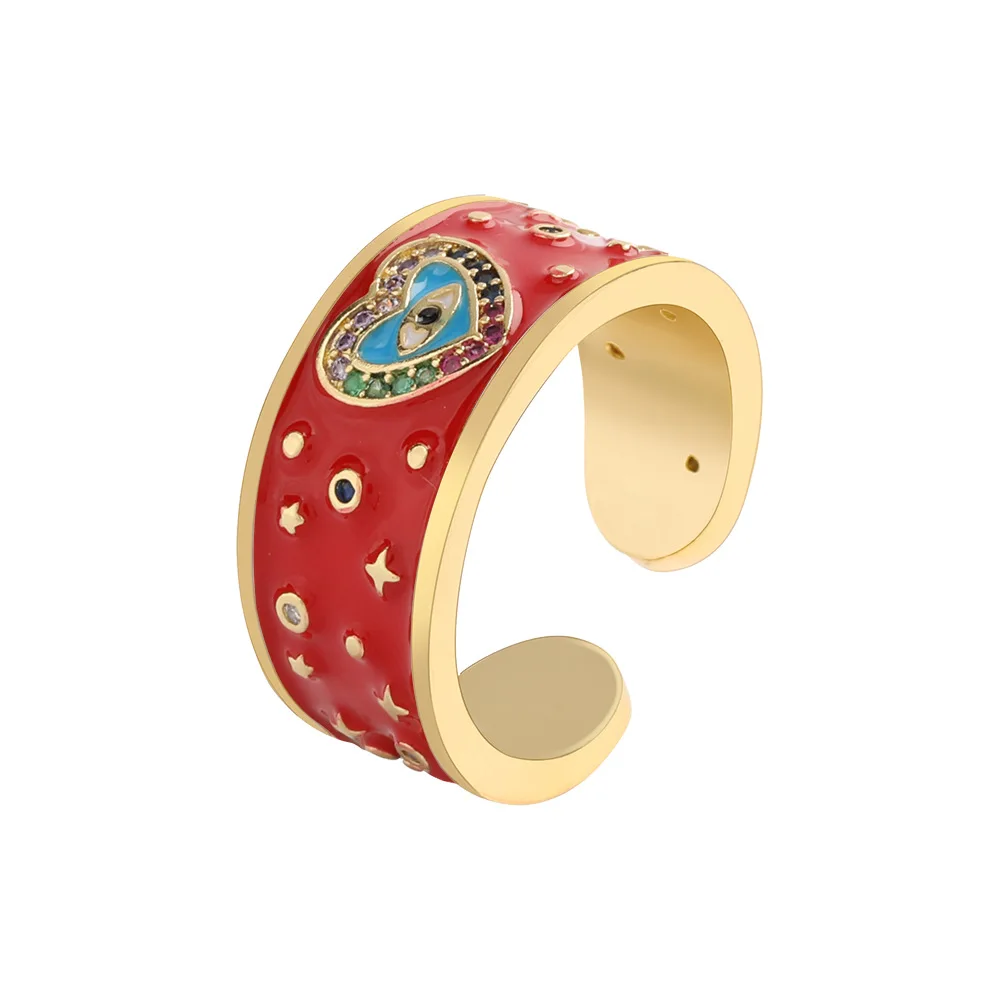 Fashion Creative Drop Oil Heart-shaped Eyes Copper Color Zircon Couple Rings Women and Men Popular Opening Adjustable Ring | Украшения и