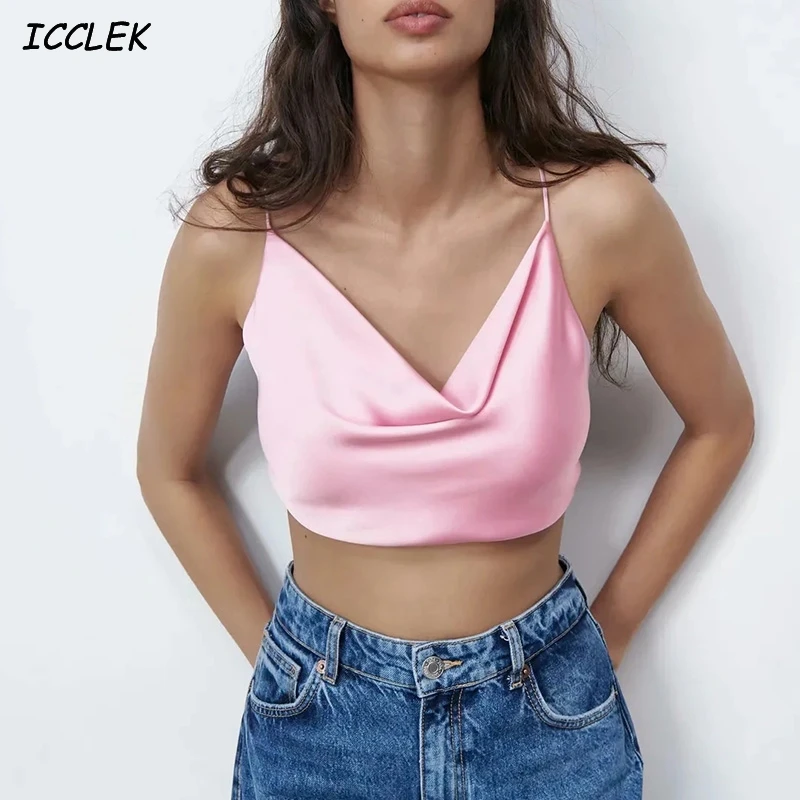 

Za Women's Tanks Tops Fake Silk Camis Pink Cropped Top Sweet V neck Female Sleeveless Backless Breast Wrap Solid Sexy Skinny TRF