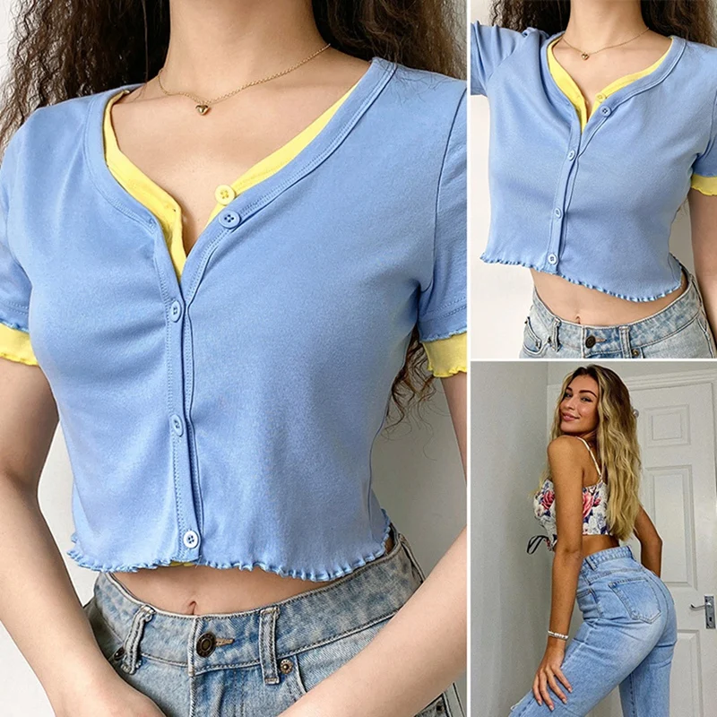 Women's Fake 2 Piece Cardigan Short Tops Women's V-Neck Casual Short Sleeve Blue
Women's Fake 2 Piece Cardigan Short Tops Women's V-Neck Casual Short Sleeve Blue