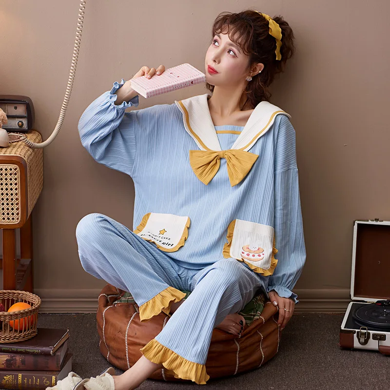 Cotton Warm Pajamas For Women Comfortable Home Suit Cute Cartoon Pocket Nightwear Elegant Sky Blue Pijamas Kawaii Bow Pijamas
Cotton Warm Pajamas For Women Comfortable Home Suit Cute Cartoon Pocket Nightwear Elegant Sky Blue Pijamas Kawaii Bow Pijamas