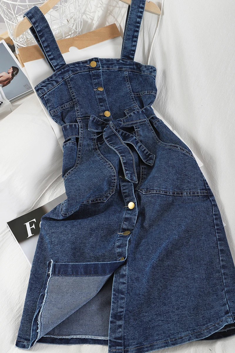 2021 Spring Summer New Fashion All-Matching Waist Trimming Lace up Slimming Single-Breasted Suspender Denim Split Sheath Dress
2021 Spring Summer New Fashion All-Matching Waist Trimming Lace up Slimming Single-Breasted Suspender Denim Split Sheath Dress