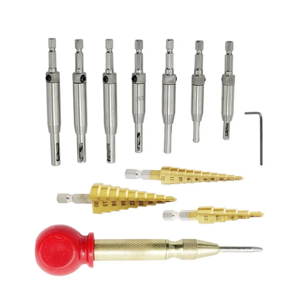 13PCS Hinge Drill Set with 8 Cabinet Hinge Hole Openers 3 HSS Titanium-Coated Step Drill Bits 1 Center Punch 1 Wrench
13PCS Hinge Drill Set with 8 Cabinet Hinge Hole Openers 3 HSS Titanium-Coated Step Drill Bits 1 Center Punch 1 Wrench