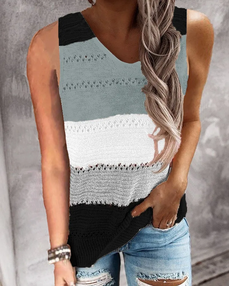 2021 Summer New Women Shirt Sexy V-Neck Stripe Patchwork Knitted Female Blouse Casual Loose Ladies Sleeveless Pullover Vest 
2021 Summer New Women Shirt Sexy V-Neck Stripe Patchwork Knitted Female Blouse Casual Loose Ladies Sleeveless Pullover Vest