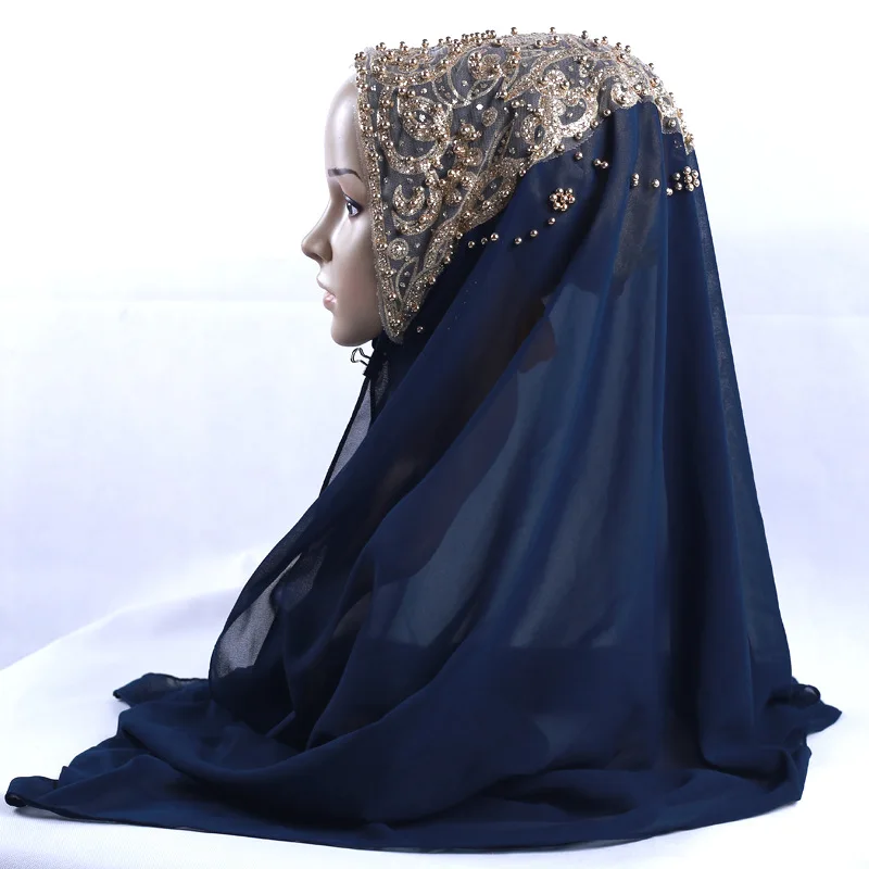 Muslim Fashion Hijab Scarf Caps Chiffon For Women 70*170 Cm Beadings Shawls And Wraps 2021 Elegant Islamic Streetwear Headscarf