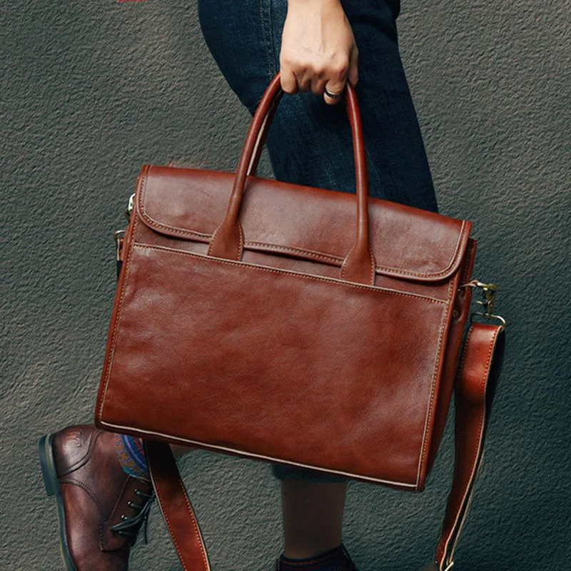 

AETOO Vintage rubbed color vegetable tanned leather briefcase, thin first layer cowhide handbag, leather business bag