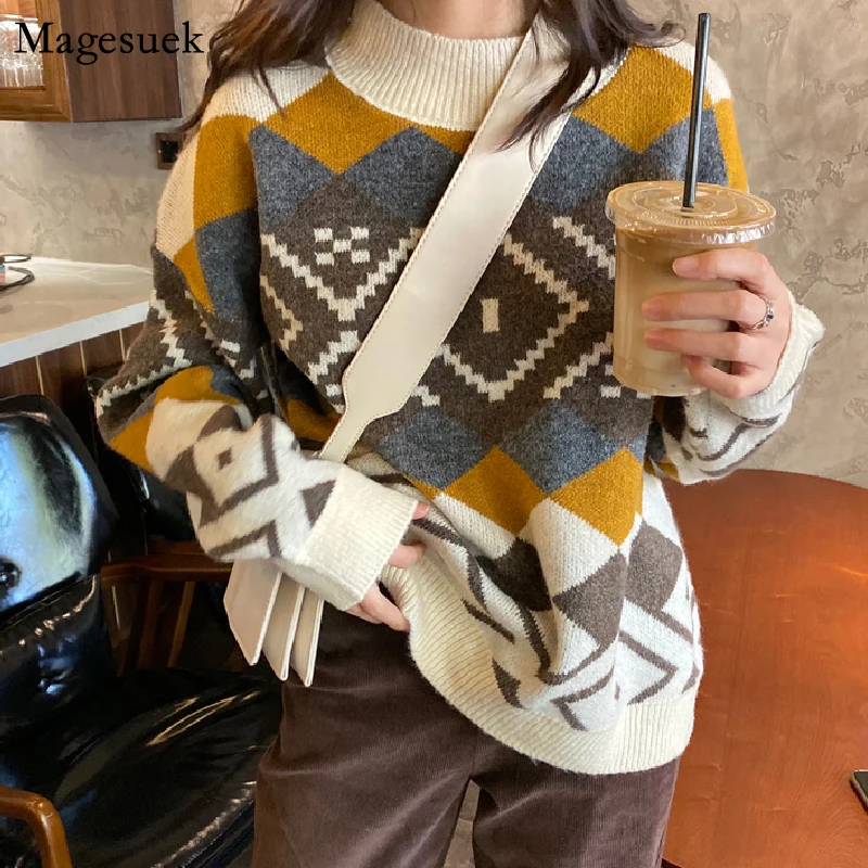 2021 Autumn and Winter Casual Knitted Sweater Jumper Argyle Pullover Sweater Women Plaid Pull Femme Loose Jumpers Sweaters 16473
2021 Autumn and Winter Casual Knitted Sweater Jumper Argyle Pullover Sweater Women Plaid Pull Femme Loose Jumpers Sweaters 16473