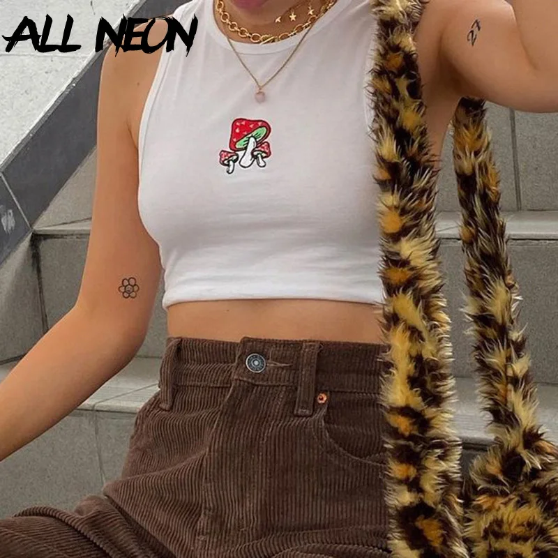 

ALLNeon Indie Aesthetics Mushroom Print Baby Tanks Y2K Fashion O-neck Sleeveless White Crop Tops Cute Vests Summer Streetwear