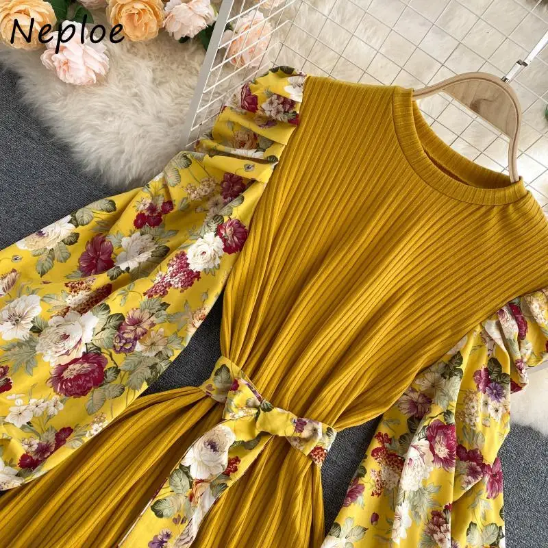 Neploe O Neck Pullover Puff Long Sleeve Dress Women Holiday Bohemian Print Long Vestidos Slim Waist Sashes Knit Robe Spring
Neploe O Neck Pullover Puff Long Sleeve Dress Women Holiday Bohemian Print Long Vestidos Slim Waist Sashes Knit Robe Spring