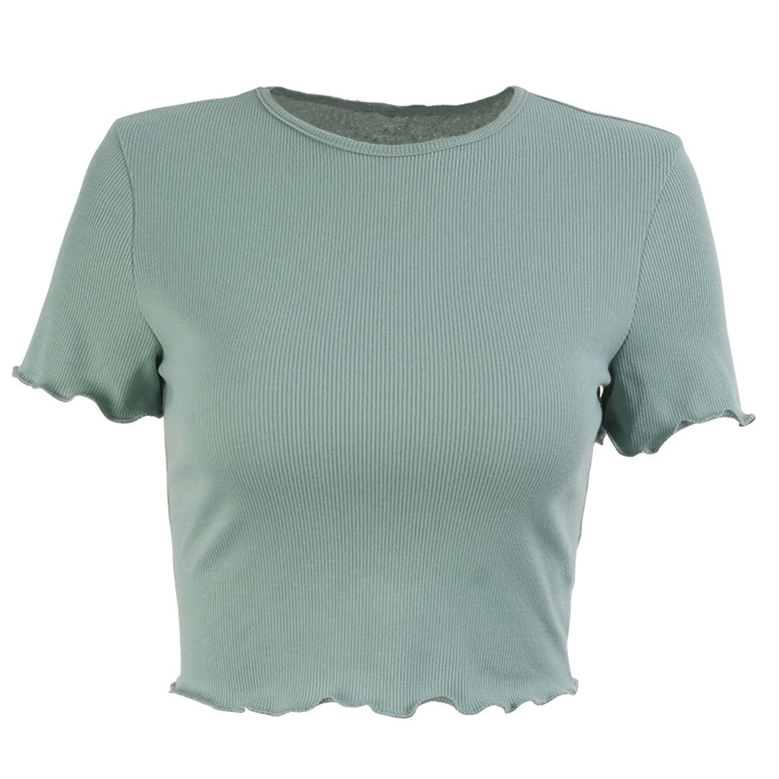 Women Summer Ribbed T-shirt Adults Slim Fit Short Sleeve Round Neck Lettuce Trim Crop Top New Fashion 2021
Women Summer Ribbed T-shirt Adults Slim Fit Short Sleeve Round Neck Lettuce Trim Crop Top New Fashion 2021