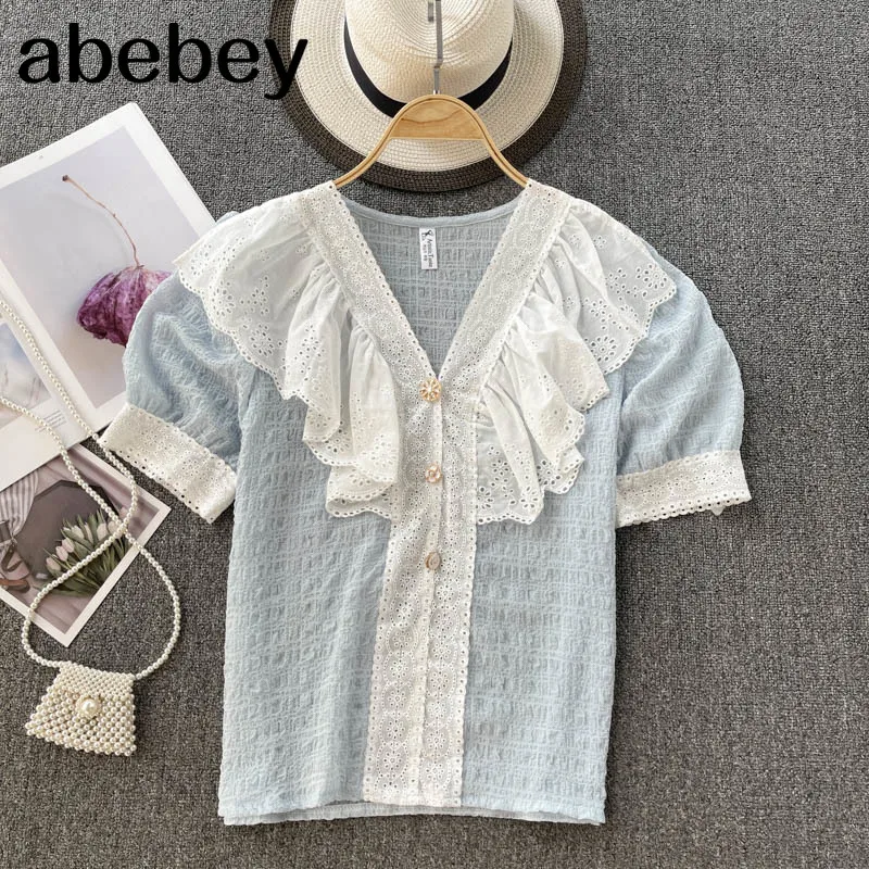 Women Design Lace Korean Blouse Sweet Puff Sleeve v Neck Casual Tops Summer Chic Fashion Streetwear Short Blouses
Women Design Lace Korean Blouse Sweet Puff Sleeve v Neck Casual Tops Summer Chic Fashion Streetwear Short Blouses