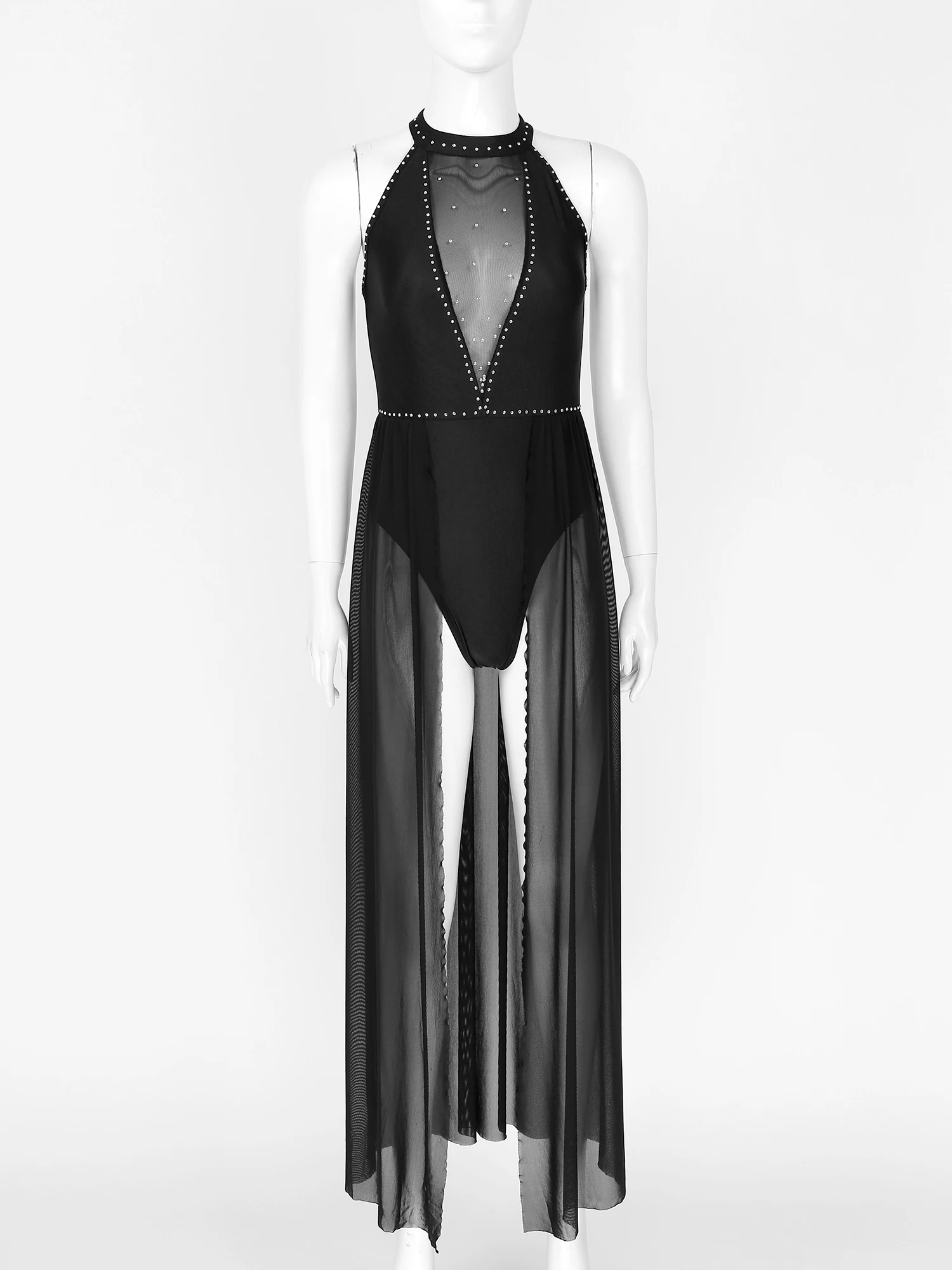 Women Sleeveless Rhinestone Decor Lyrical Dance Dress Sheer Mesh Patchwork Halter Leotard Dresses Stage Performance Costumes
Women Sleeveless Rhinestone Decor Lyrical Dance Dress Sheer Mesh Patchwork Halter Leotard Dresses Stage Performance Costumes