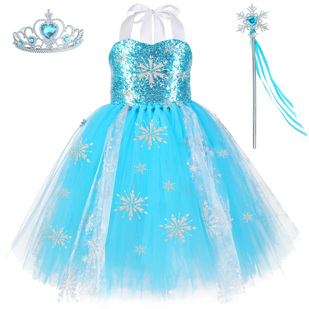 

Girls Snow Queen Elsa Tutu Dress Snowflake Sequins Fancy Girl Party Princess Dress Kids Christmas Halloween Elza Cosplay Costume