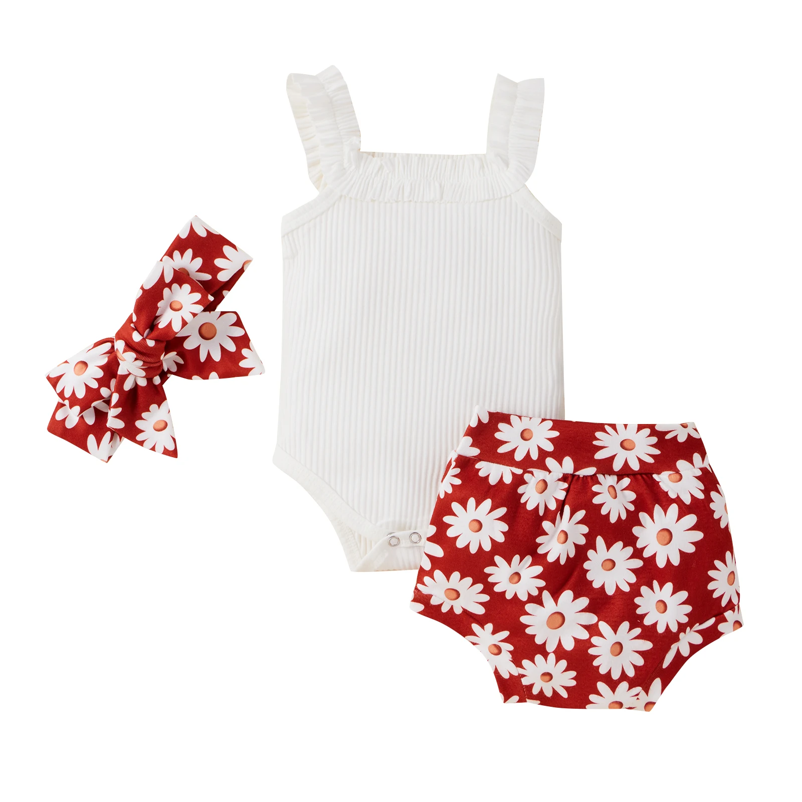 3 Pcs Newborn Casual Outfits Baby Girl Sleeveless Square Collar Ribbed Romper + Daisy Print Shorts + Headband
3 Pcs Newborn Casual Outfits Baby Girl Sleeveless Square Collar Ribbed Romper + Daisy Print Shorts + Headband