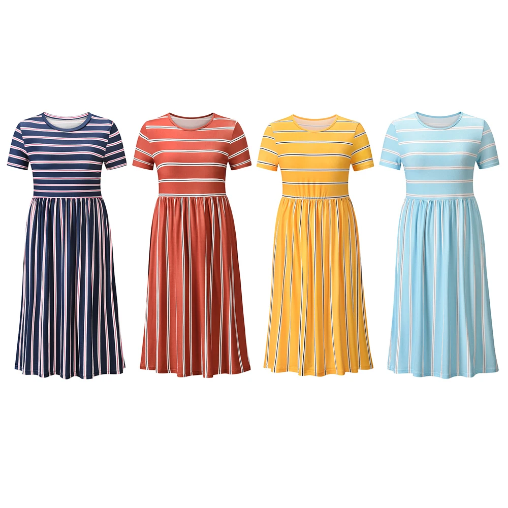 2021 Spring Summer Fashion Stripe Women Dress with Short Sleeves 4 Colors Skirts for Women
2021 Spring Summer Fashion Stripe Women Dress with Short Sleeves 4 Colors Skirts for Women