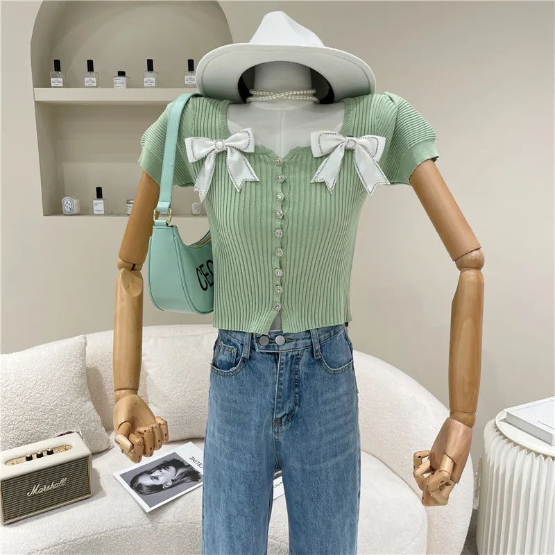 Women's Spring Summer 2021 Niche Design Fashion Bowknot Sweet Knit Shirt Short Sleeve Short Temperament Top
Women's Spring Summer 2021 Niche Design Fashion Bowknot Sweet Knit Shirt Short Sleeve Short Temperament Top
