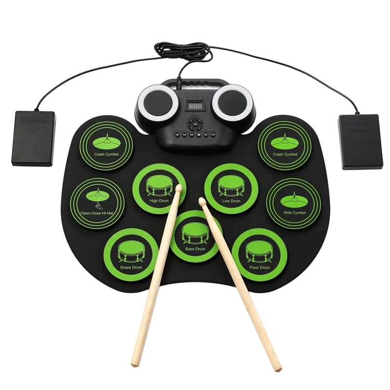 

WERSI Silica Gel Electronic Drum Set Roll Up Portable Practice Pad Kit Built-in 2 Effect Pedals Drumsticks for Kids Beginners
