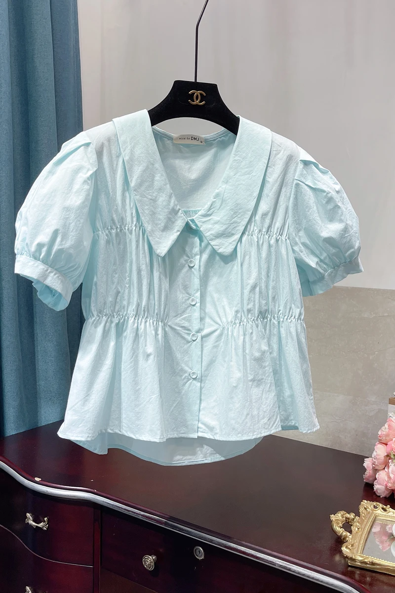 Korean Style Sweet Doll Collar Puff Sleeve Shirt Women's Fashion Elegant Pleated Hem Blouse Loose All-match Baby Blouse Top
Korean Style Sweet Doll Collar Puff Sleeve Shirt Women's Fashion Elegant Pleated Hem Blouse Loose All-match Baby Blouse Top