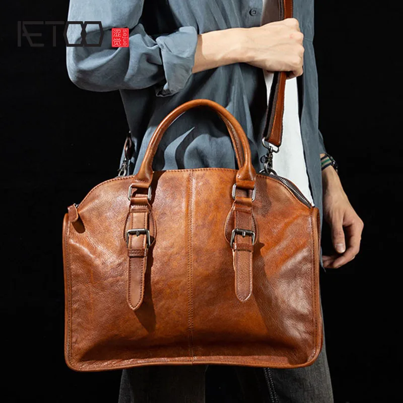 

AETOO Hand-rubbed shoulder bag, vegetable tanned leather fashion briefcase, leather retro messenger bag, leather men's handbag