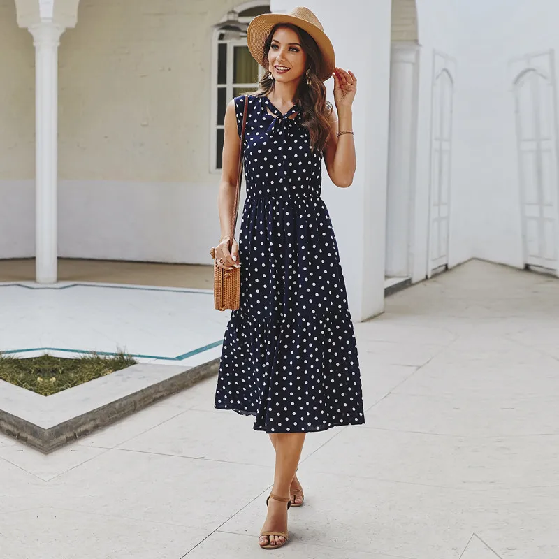 Spring Summer Women's Elegant Polka Dot Dress Sleeveless Temperament Lace Up Ladies A Line Long Dress 2021 New 
Spring Summer Women's Elegant Polka Dot Dress Sleeveless Temperament Lace Up Ladies A Line Long Dress 2021 New