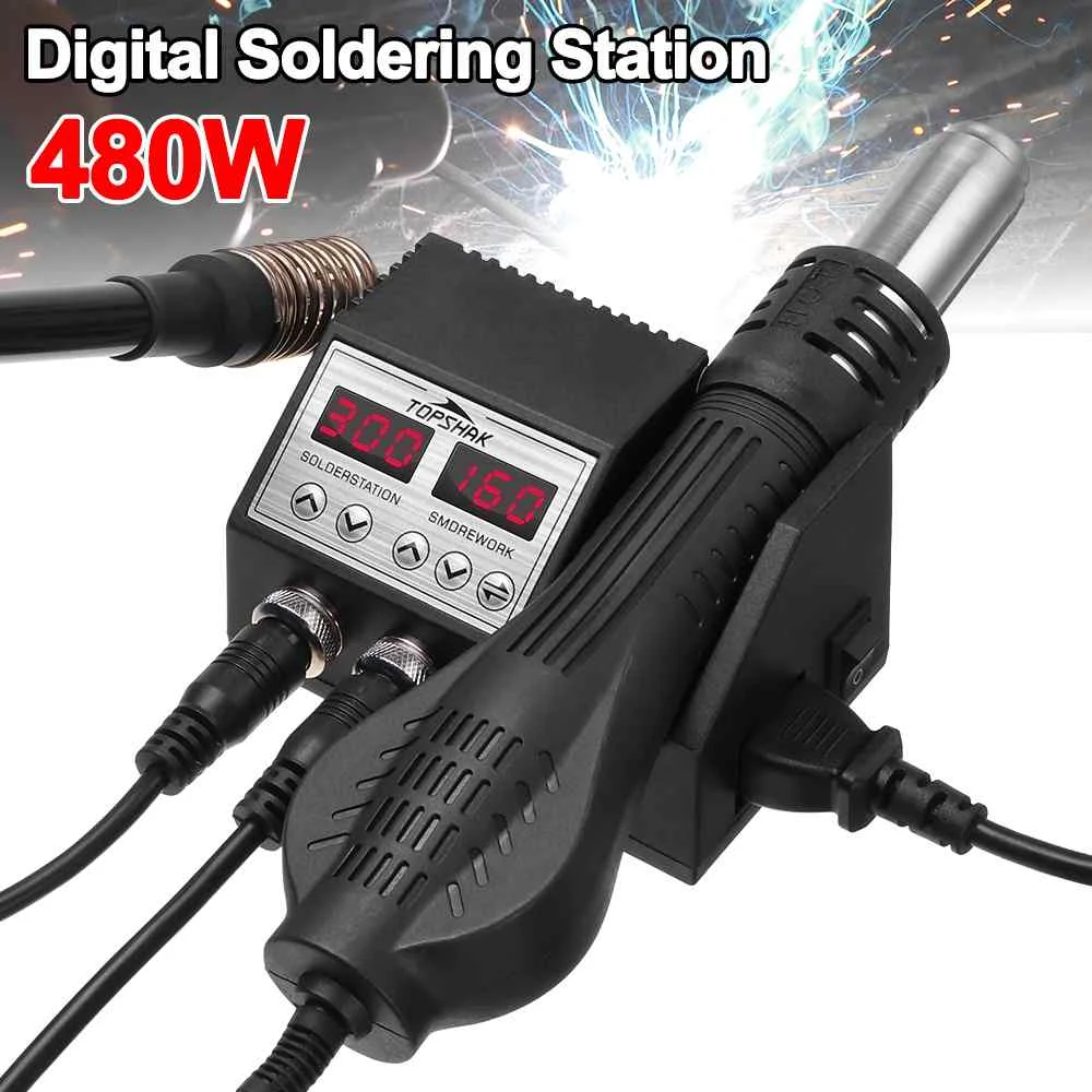 2 In 1 LCD Digital Display Rework Soldering Station Soldering iron Hot Air Gun with 4 Nozzles for Cell-phone BGA SMD PCB Repairs
2 In 1 LCD Digital Display Rework Soldering Station Soldering iron Hot Air Gun with 4 Nozzles for Cell-phone BGA SMD PCB Repairs